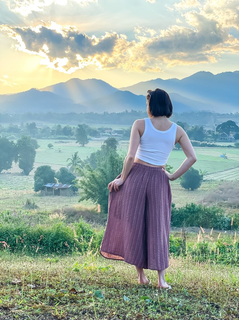 粉色褲子，女亞麻褲，亞麻棉褲，女條紋褲，褲子 - 女裝闊腳褲/長褲 - 其他材質 