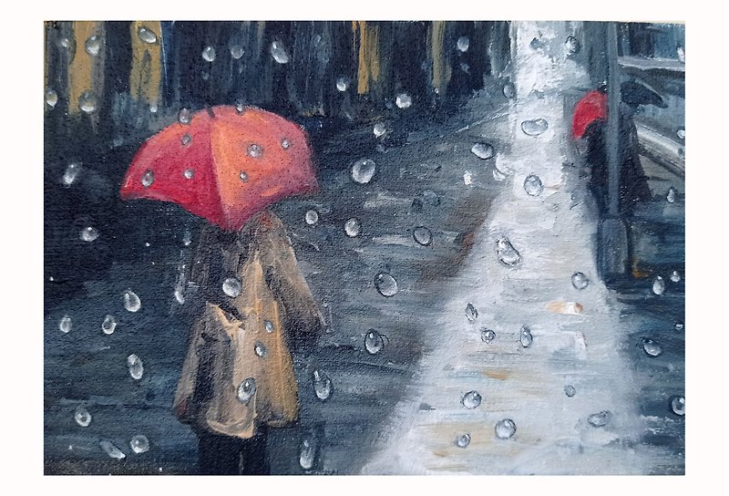 Rain Painting Umbrella Original Art Rainy Day Picture Wall Decor - 牆貼/牆身裝飾 - 其他材質 灰色