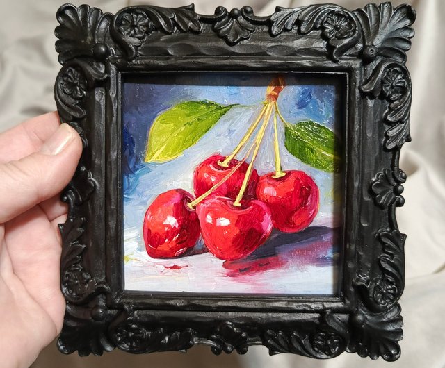 チェリーの絵画 赤金フレーム付き チェリーの絵画 赤金フレーム付き