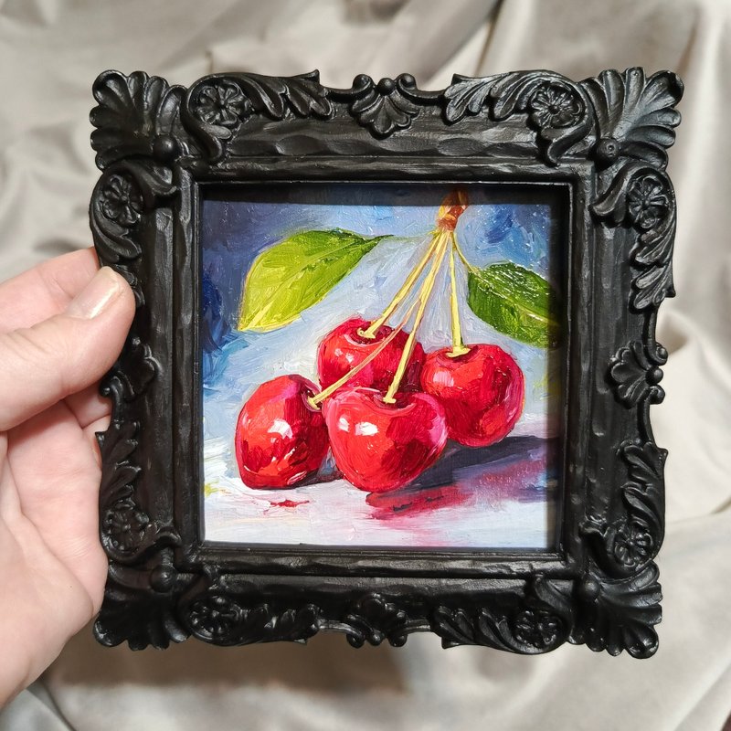 Painting is a cherry tree. The painting is sold in a frame. 画樱桃 - โปสเตอร์ - กระดาษ สีแดง