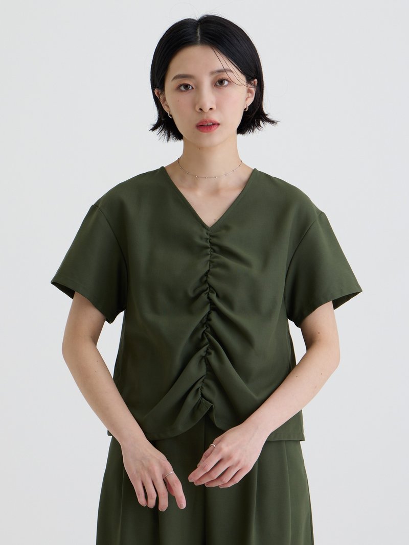 Wrinkled short-sleeved top-coal green - Women's Tops - Cotton & Hemp Green