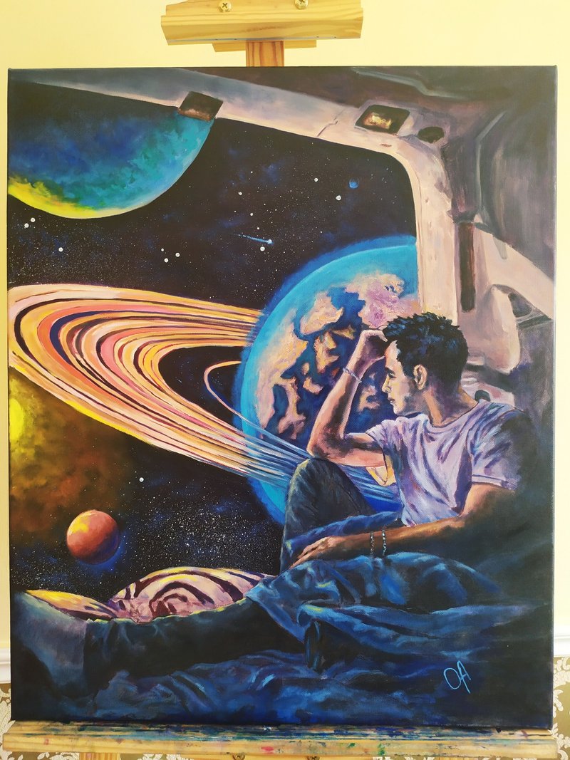 原創油畫。太空旅行。超現實主義。 - 海報/掛畫/掛布 - 棉．麻 藍色