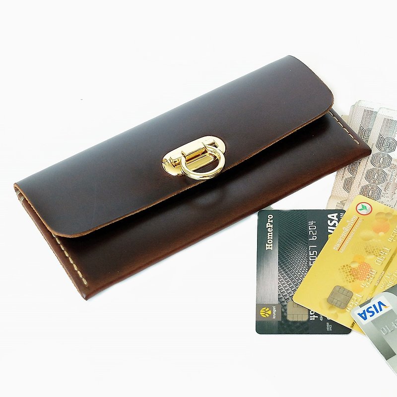 กระเป๋าหนังแท้ Minimal Wallet DarkBrown Color Hand-cut & Hand-sew process - กระเป๋าสตางค์ - หนังแท้ 