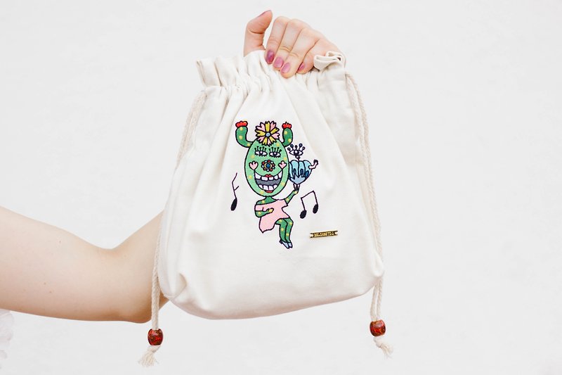 Illustration X Embroidered Cotton Canvas Messenger Bag - Happy Dance - กระเป๋าแมสเซนเจอร์ - ผ้าฝ้าย/ผ้าลินิน ขาว