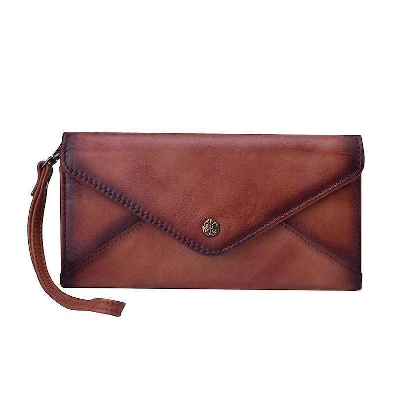 Handmade Genuine Leather Wallet Long with wrist strap - Brown - กระเป๋าคลัทช์ - หนังแท้ สีส้ม