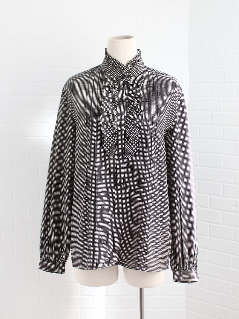 Retro Japanese Elegant Fresh Simple Early Spring Plaid Stand Collar Black Long Sleeve Vintage Shirt - Women's Shirts - Polyester Black