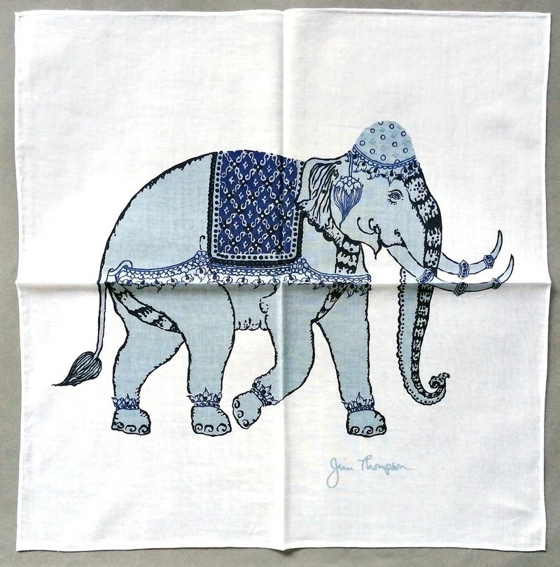 Jim Thompson Vintage Handkerchief Blue Elephant Costume 16 x 15.5 inches - 絲巾 - 棉．麻 白色