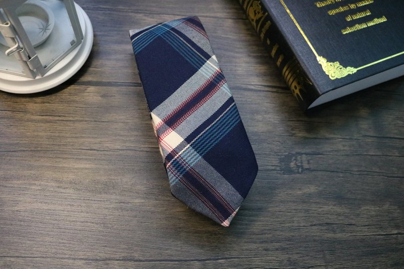 蓝色大格纹领带/羊绒窄版休闲necktie - 領帶/領帶夾 - 羊毛 藍色