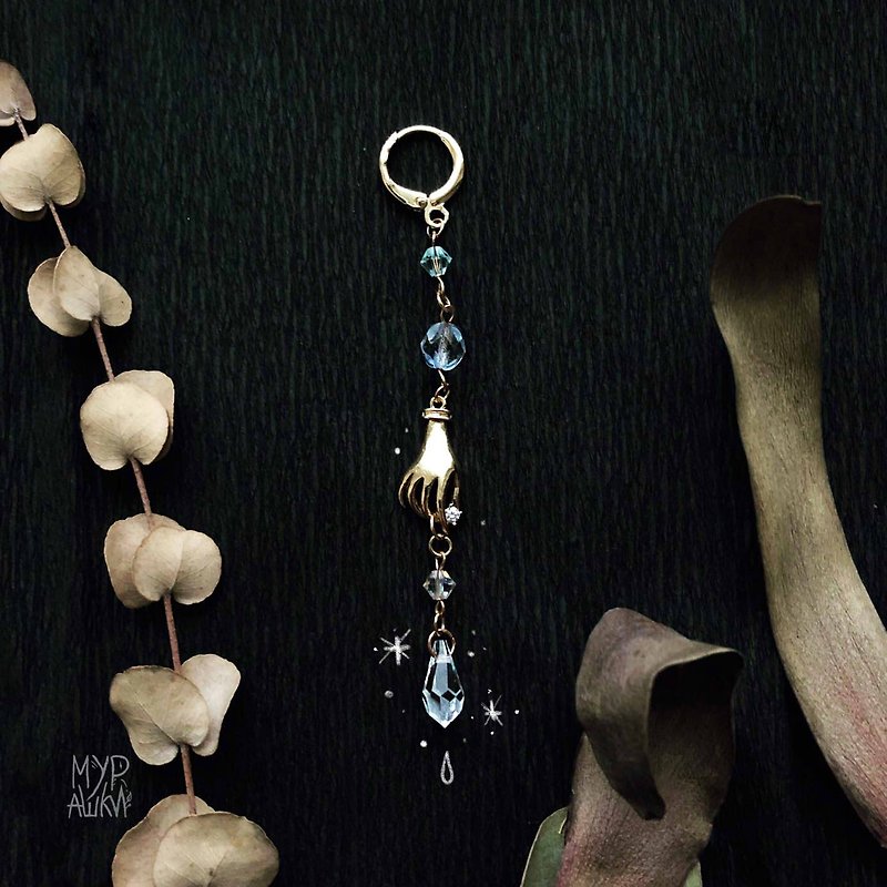 Long mono-earring Witchy hand with crystal drop dark mori - Earrings & Clip-ons - Other Metals Yellow