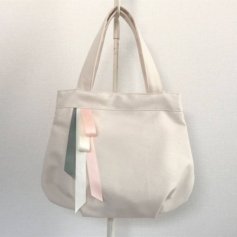 Triple sherbet color ribbon round type tote bag production × pink - Handbags & Totes - Cotton & Hemp Pink