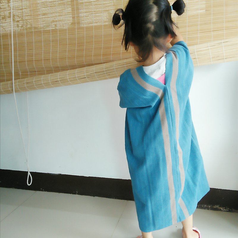 Thai plant dyeing & hand-woven dress / indigo / line / kids / cotton - Kids' Dresses - Cotton & Hemp Blue