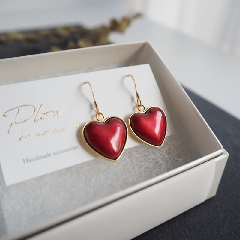 Cloisonne 14kgf Red Hearts Earrings - ต่างหู - แก้ว 