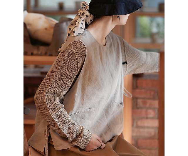 UpcycleLino) Cotton Linen Inlay Knitweave Half-Zip Vest｜nest Robe  International Online Store