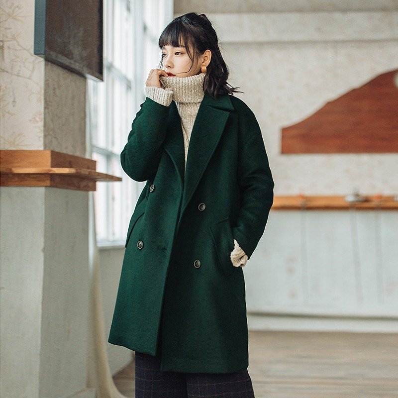 安妮陳2017冬裝新款女裝純色中長款呢料外套 - 外套/大衣 - 棉．麻 綠色