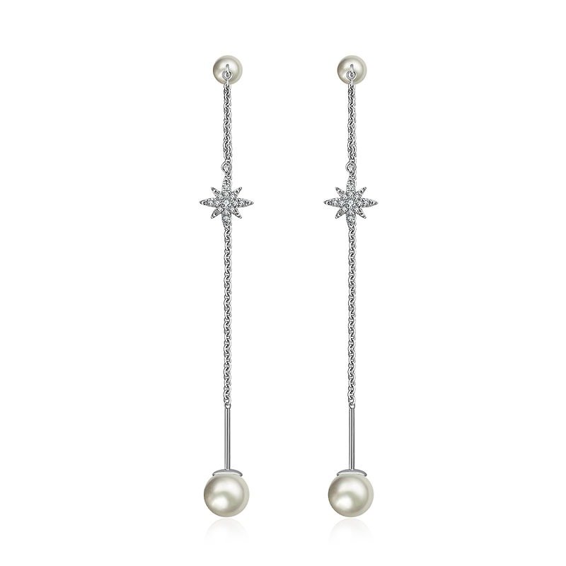 Star Shape Chain Diamond Earring With Pearl - ต่างหู - โลหะ สีส้ม