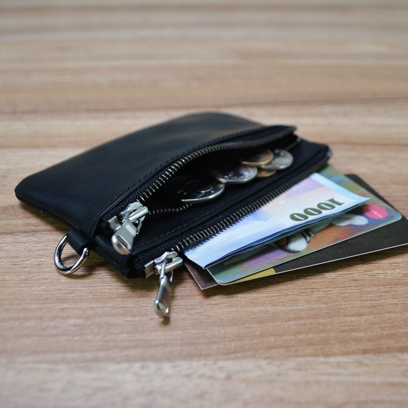 Double zipper wallet/double zipper coin purse/double zipper short clip/ticket card holder/coin purse - Wallets - Genuine Leather Black