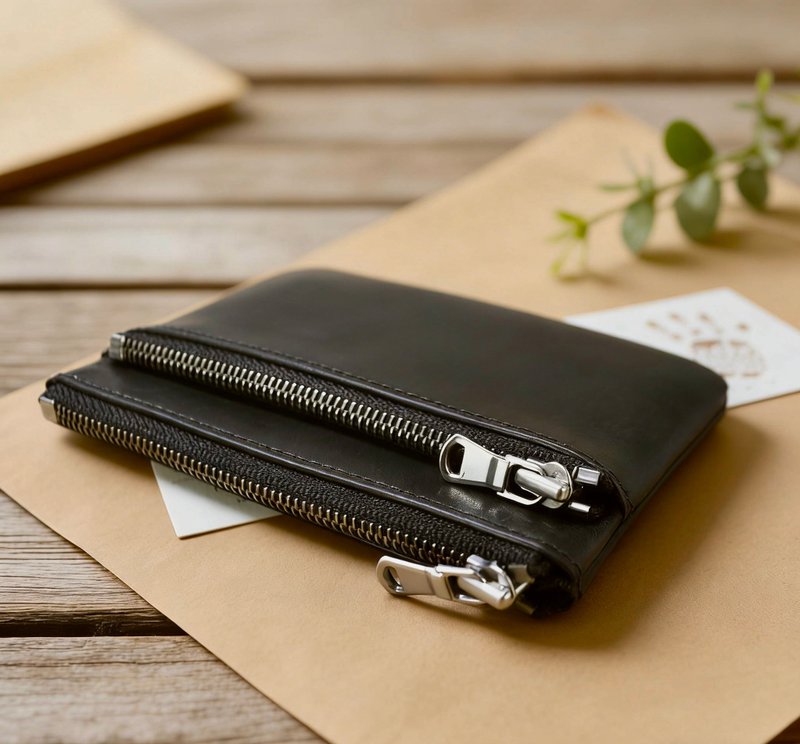 雙拉鍊錢包/雙拉鍊零錢包/雙拉鍊短夾/票卡包/零錢包(4色) - 銀包 - 真皮 黑色