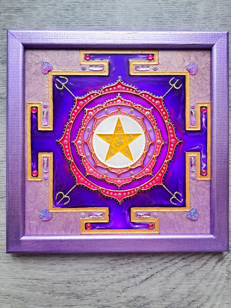 Shri MahaMrityunjaya Yantra Handpainted Lord Shiva Vedic astrology Vastu Jyotish - Wall Décor - Glass Pink