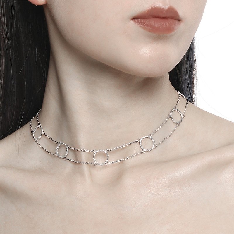 texture ring S925 sterling silver gold-plated double clavicle chain with adjusta - Necklaces - Sterling Silver Silver