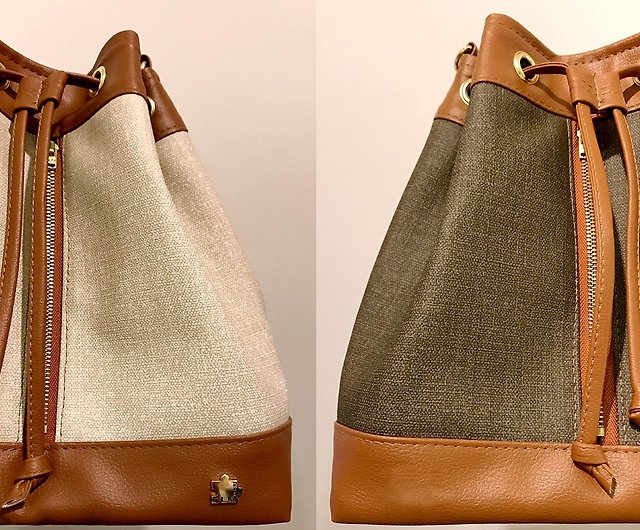 Taiwan Original/CLM Vegan Leather/ Linen Linen Bucket Bag. Leather  Version-Dark Color - Shop clm-taiwan Messenger Bags & Sling Bags - Pinkoi