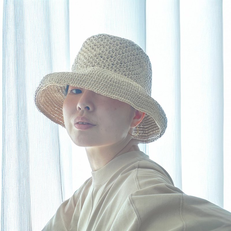 光と影のクロッシェハット。紫外線カット、折りたためる、夏の美人ハット。〜顔まわりすっきり影メイク〜 - 帽子 - 環保材質 卡其色