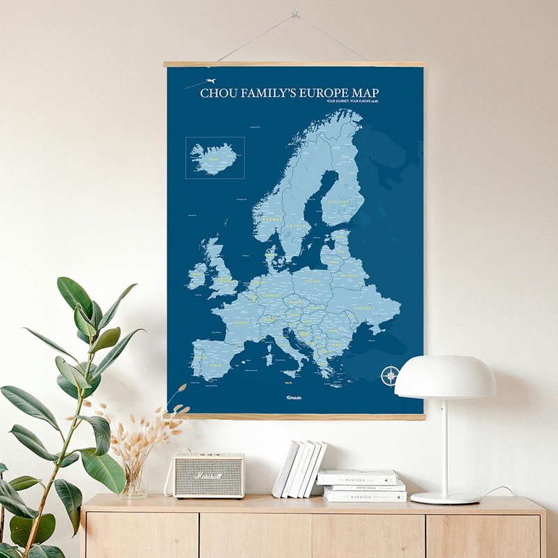 Customized Europe Map Poster (With Wood Frame)- Prussian Blue - Posters - Paper Blue