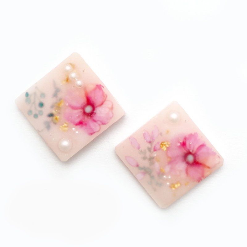 日本樹脂薄紗珍珠水彩耳環.耳夾 - 耳環/耳夾/耳骨夾 - 樹脂 粉紅色