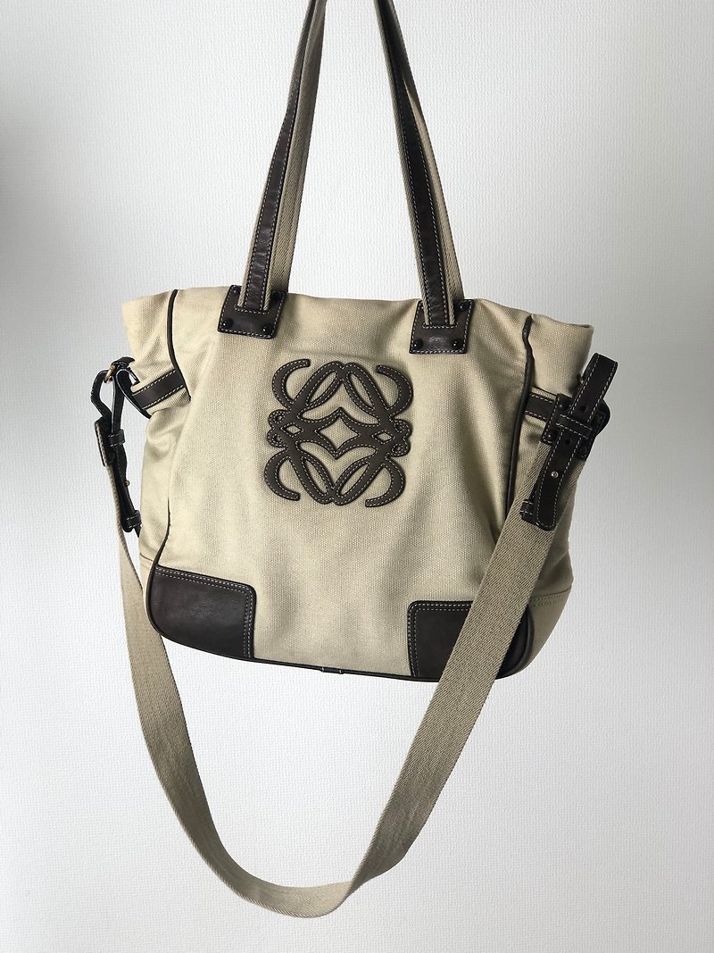 [Direct from Japan, branded used bag] LOEWE Anagram Canvas Tote Bag 2way Handbag Beige Vintage fnxcxb - กระเป๋าถือ - หนังแท้ สีนำ้ตาล
