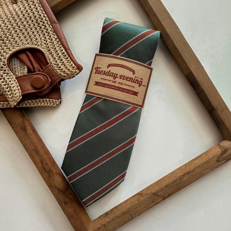 Necktie Vintage Pine Green with Rusty Orange stripe | 8cm - 領帶/領帶夾 - 聚酯纖維 綠色