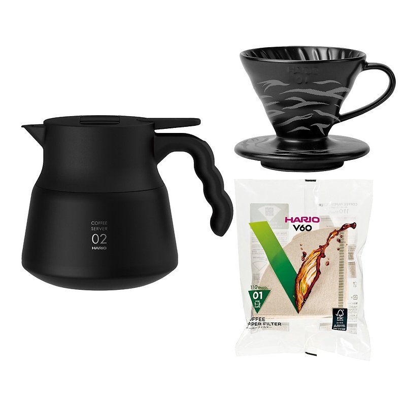 [HARIO] V60 Stainless Steel insulated coffee pot black + limited edition tiger pattern filter cup + filter paper - Coffee Pots & Accessories - Stainless Steel Black
