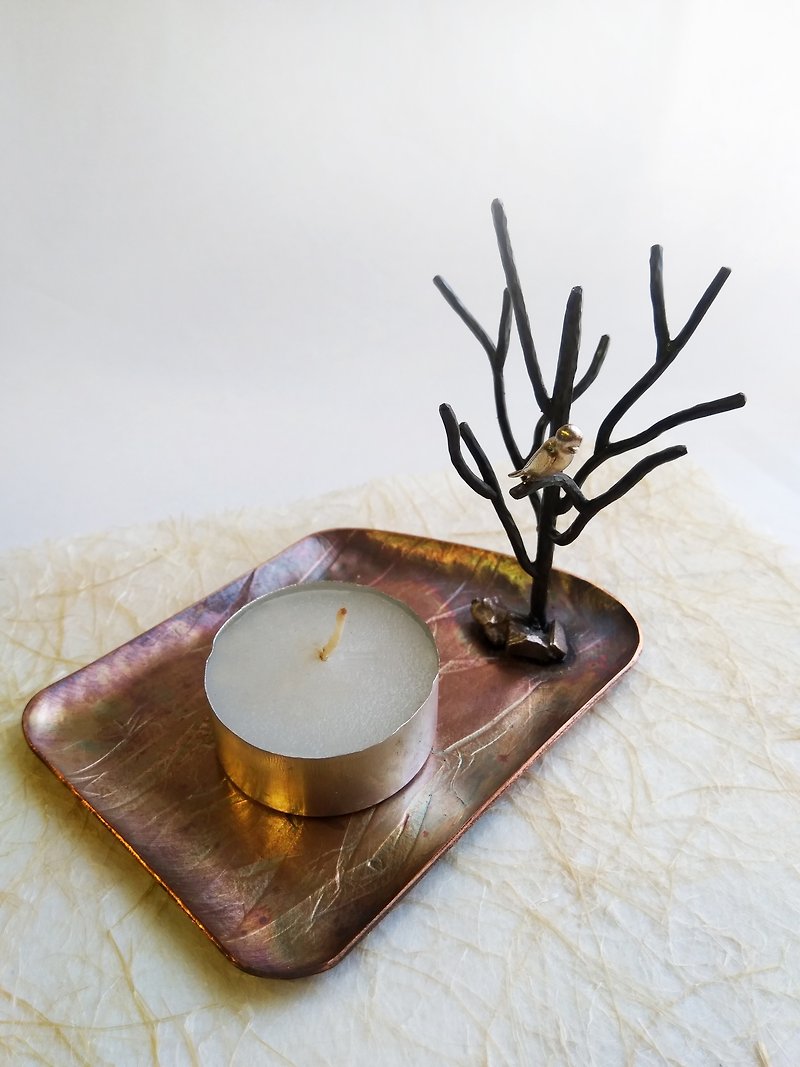 【daily. Handmade red copper small dish - tree and bird - Candles & Candle Holders - Copper & Brass Brown