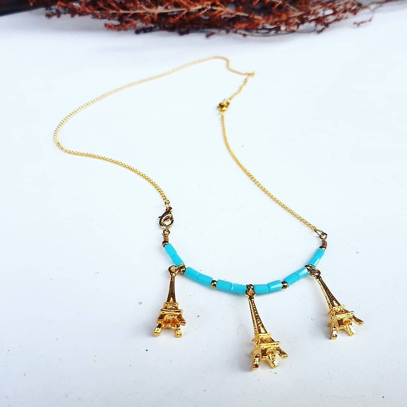 Copper hand made _ Eiffel Tower sky blue crystal bracelet & necklace dual design - Necklaces - Crystal Blue