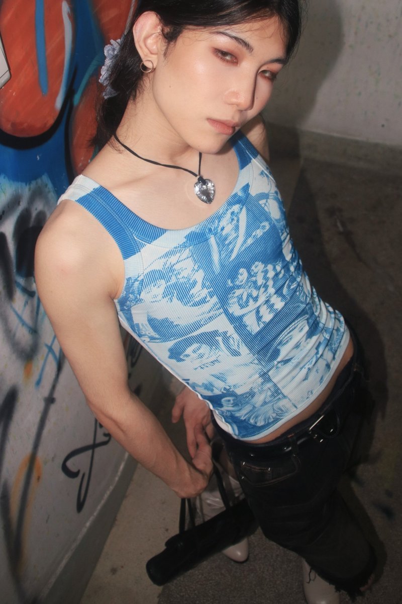 Cyanotype remake Republic of China girl collage slim tank top - เสื้อผู้หญิง - ผ้าฝ้าย/ผ้าลินิน สีน้ำเงิน