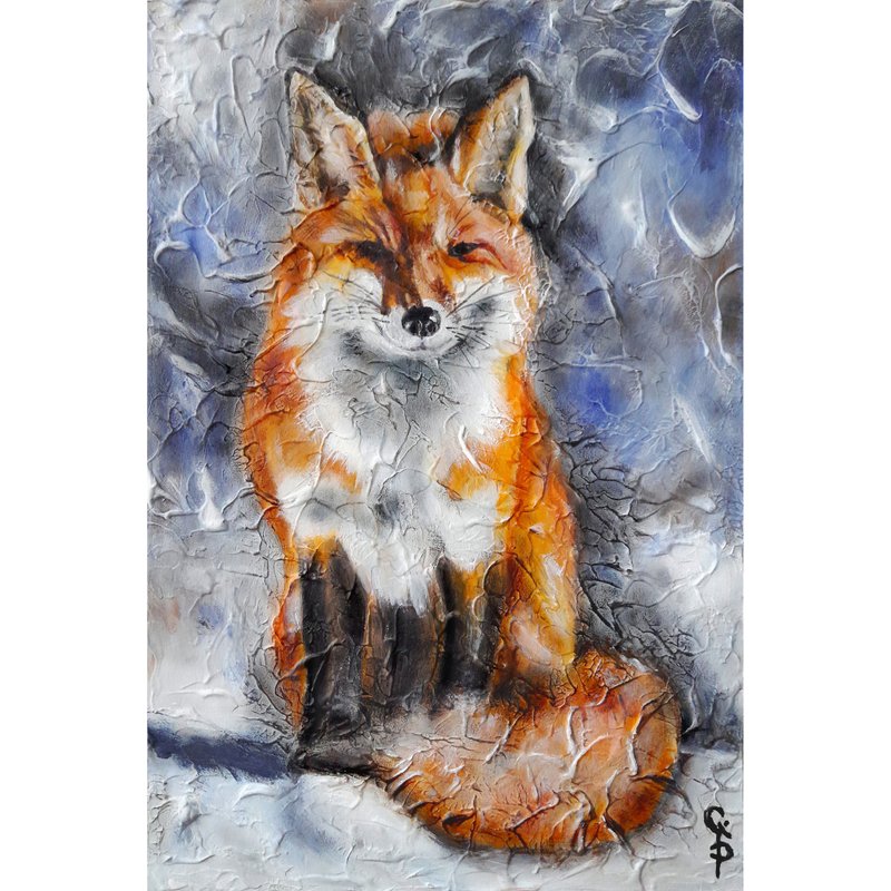 Fox Painting Canvas Original Oil Art Winter Forest Wild Animal Modern Abstract - 壁貼/牆壁裝飾 - 其他材質 多色