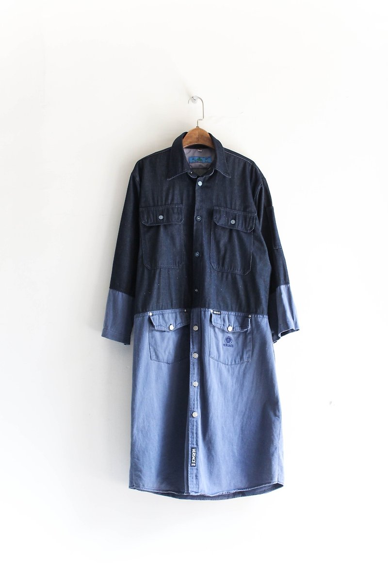 River Water Mountain - Wakayama Sea Blue Blue Mosaic Youth Log Antique Cotton Tops Top Coat Jacket Long Dresser dustcoat jacket coat oversize vintage - One Piece Dresses - Cotton & Hemp Blue