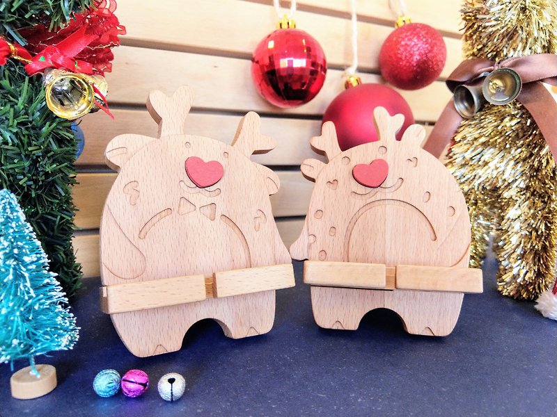 Elk Log Phone Holder-Customized Lettering [Christmas Gift Exchange Gift] - ที่ตั้งมือถือ - ไม้ สีนำ้ตาล