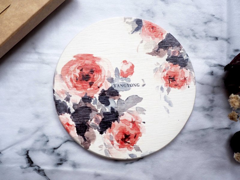 Watercolor hand drawing-antique rose absorbent coaster/diatomaceous earth coaster/diatomaceous earth - ที่รองแก้ว - วัสดุอื่นๆ สึชมพู