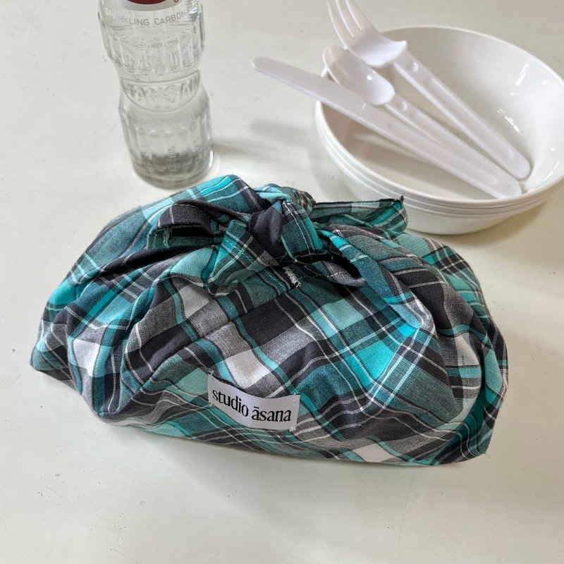 #1 Madras Check Azuma Bag (S) - กล่องข้าว - ผ้าฝ้าย/ผ้าลินิน สีน้ำเงิน