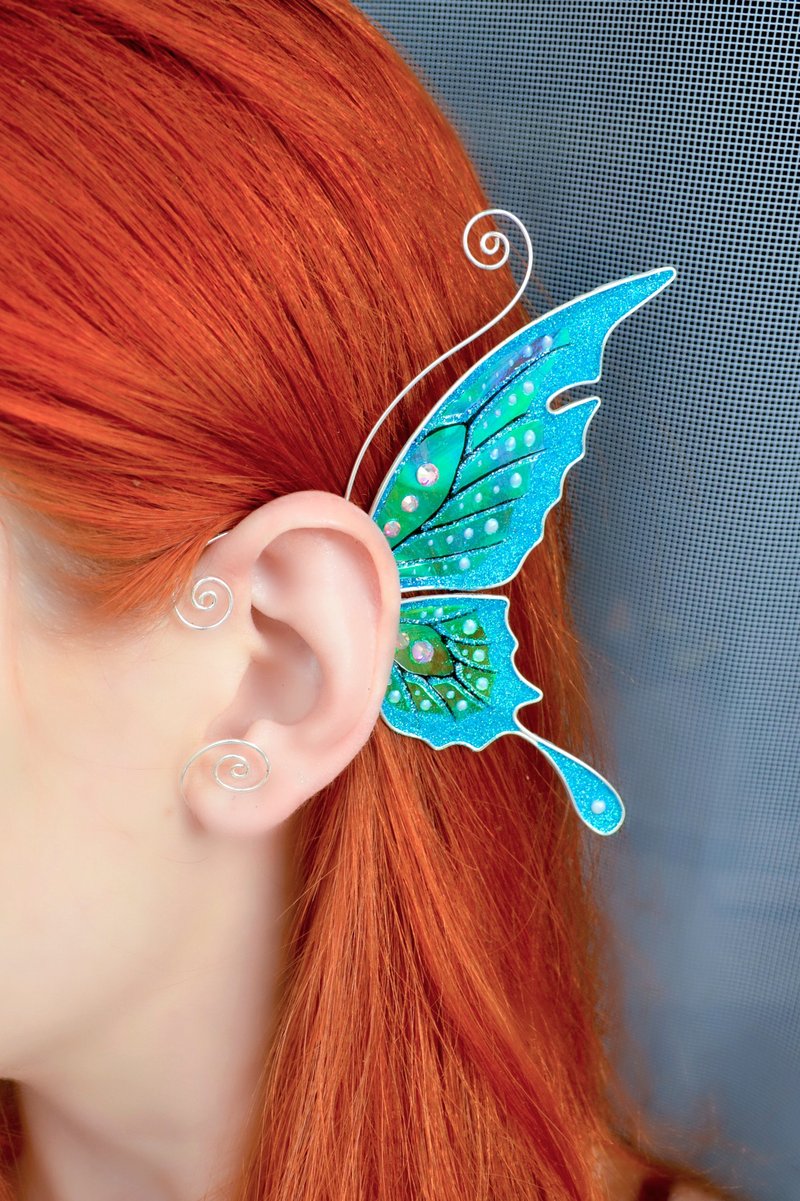 Butterfly ear cuff earring no piercing - Earrings & Clip-ons - Copper & Brass Blue