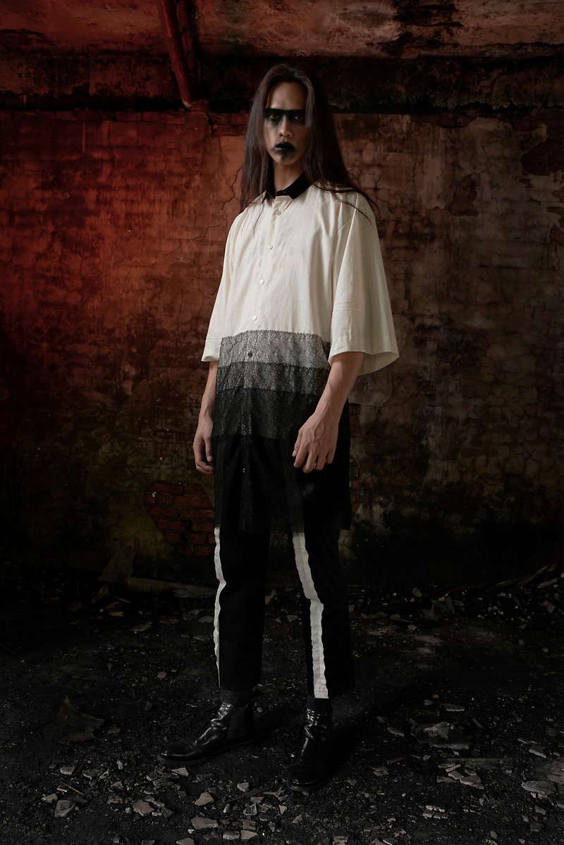 Gradient long shirt with black gauze hem (181T09) - เสื้อเชิ้ตผู้ชาย - ผ้าฝ้าย/ผ้าลินิน หลากหลายสี