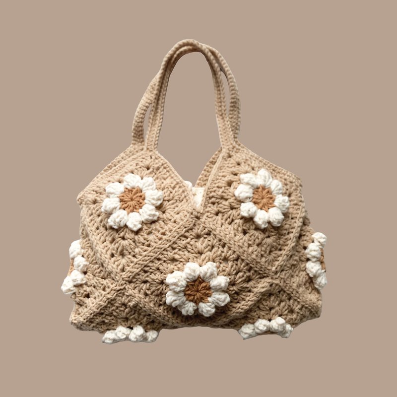 かぎ針編み立体花柄おばあちゃんチェックショルダーバッグ - トート・ハンドバッグ - コットン・麻 カーキ