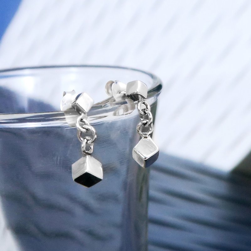 Earrings double cubic crystal hanging sterling silver earrings-64DESIGN - ต่างหู - เงินแท้ สีเงิน