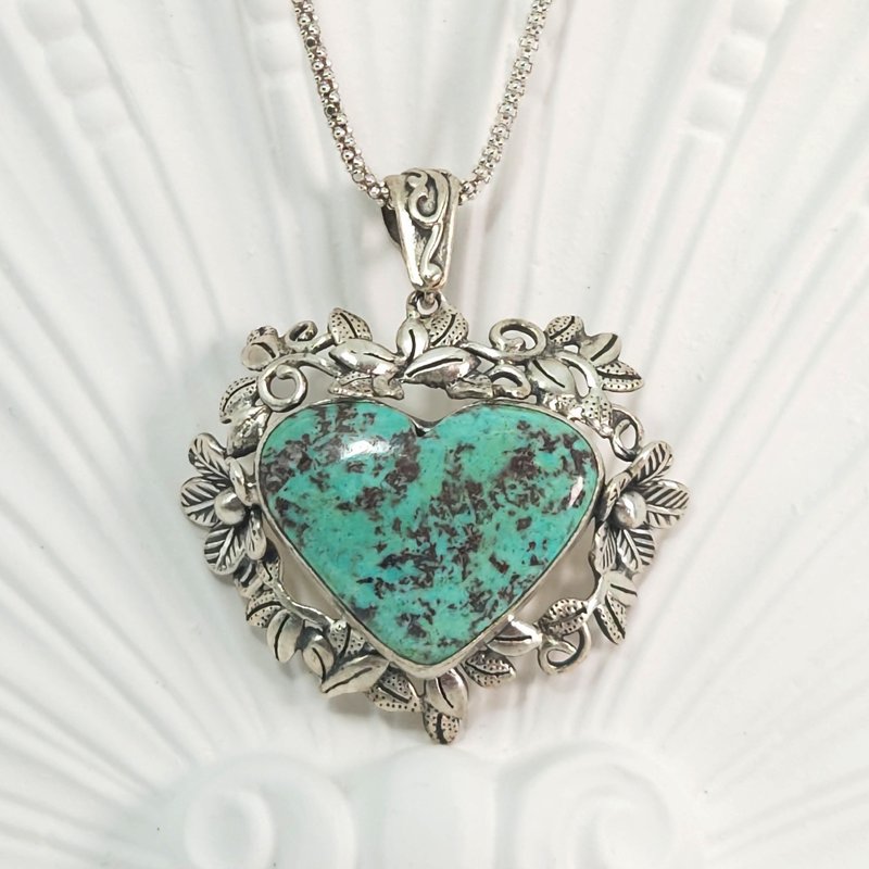 Pendant, Necklace, Chrysocolla, Sterling Silver, Handmade Jewelry - สร้อยคอ - เครื่องเพชรพลอย 