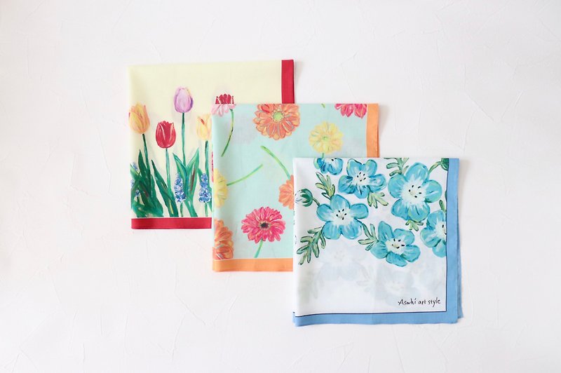 棉．麻 手帕 多色 - A set of 3 large-sized handkerchiefs that carry art with you: tulips, gerberas,
