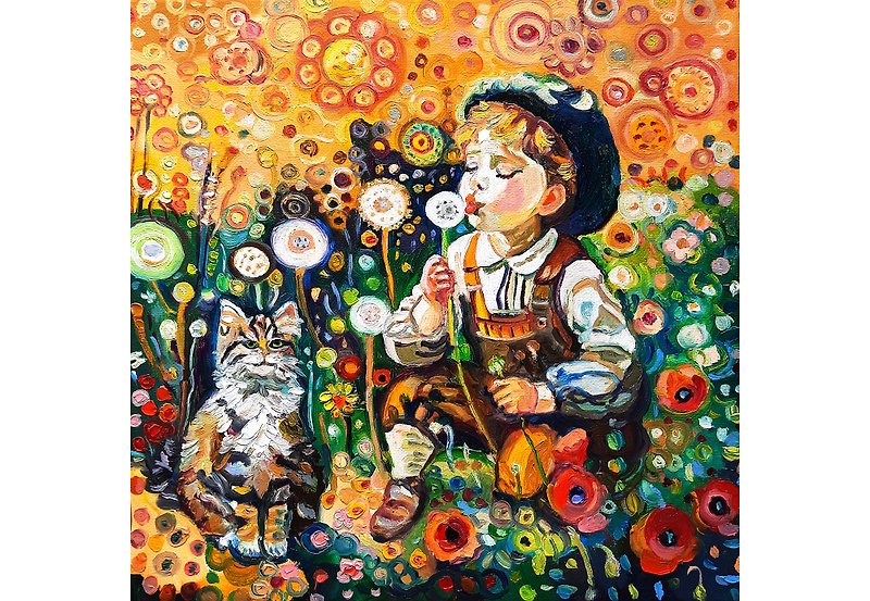 原創畫 猫と少年の絵画 オリジナルアート 油絵 キャンバスに油絵 - ウォールデコ・壁紙 - その他の素材 オレンジ