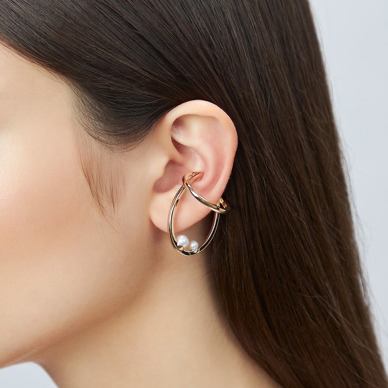 Double satellite ear buckle (L) 925 Silver thick plated 18K gold Maxi Callisto Pearl Earcuff - Earrings & Clip-ons - Sterling Silver Gold