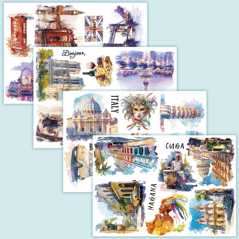 World Landmark Watercolor Sticker - White Printed PET (philip's store) - สติกเกอร์ - กระดาษ หลากหลายสี