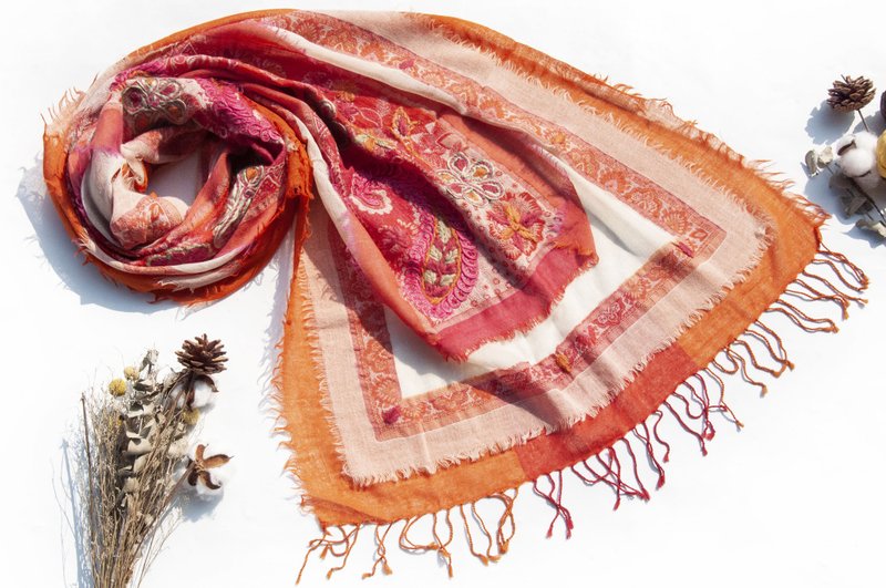 喀什米爾Cashmere/水煮羊毛披肩/針織圍巾/刺繡圍巾/羊絨披巾-花 - 圍巾/披肩 - 羊毛 多色