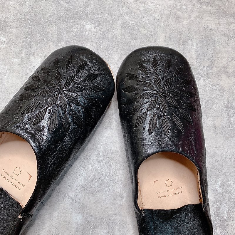 Moroccan babouche mute indoor slippers black mine Zelij tiles - Indoor Slippers - Genuine Leather Black