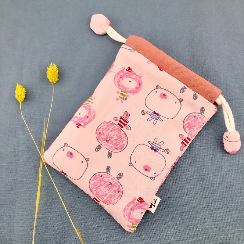 Pink Bear Bunny - Cotton DrawString Pocket - Toys / Sundries / Mobile Phone Money Storage - Toiletry Bags & Pouches - Cotton & Hemp 